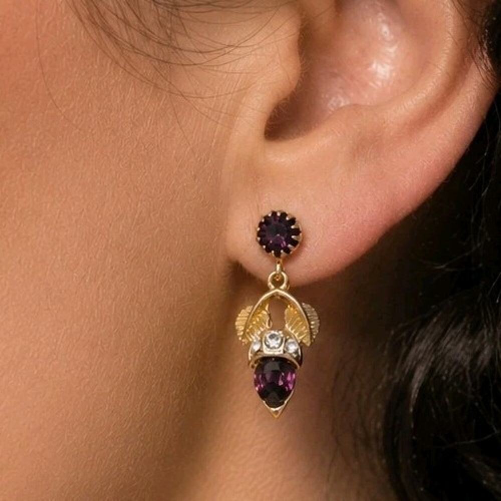 Vintage Purple Rhinestone Acorn Screwback Earrings Gold Tone Dangle Mid Century